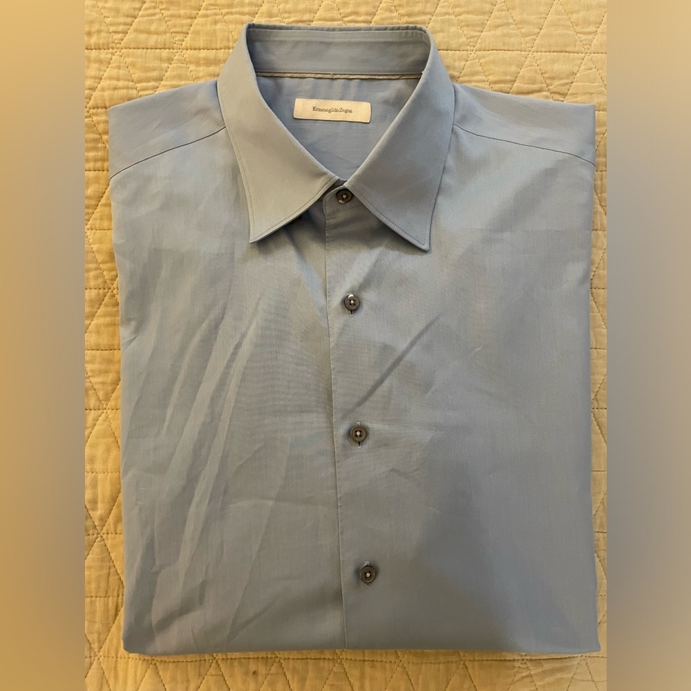 Ermenegildo Zegna Vintage Solid Print Button Under Collar Shirt in Blue Size XXL